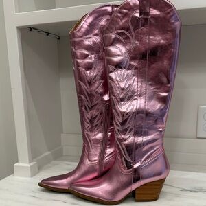 Pink Lily Metallic Pink Heeled Boots